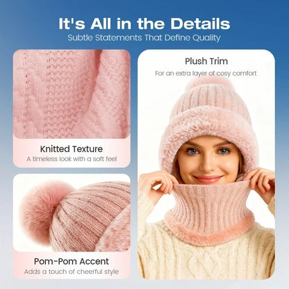 🎉🎁70% OFF!!!-Ready for Winter!!!❄️✨Women 3-in-1 Knitted Balaclava Hat, Fleece Lined Warm Hood Beanie with Scarf & Face Mask, Pom Pom Winter Hat for Outdoor Skiing🧣