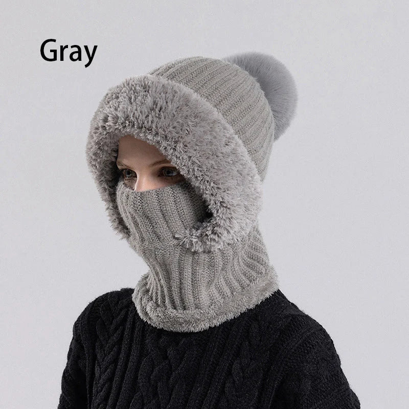 🎉🎁70% OFF!!!-Ready for Winter!!!❄️✨Women 3-in-1 Knitted Balaclava Hat, Fleece Lined Warm Hood Beanie with Scarf & Face Mask, Pom Pom Winter Hat for Outdoor Skiing🧣