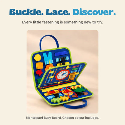 Close view of the standard Dinosaur Blue busy board, showing the actual buckles, clock, zips and lacing activities. Mermaid Pink is another bundle choice.
