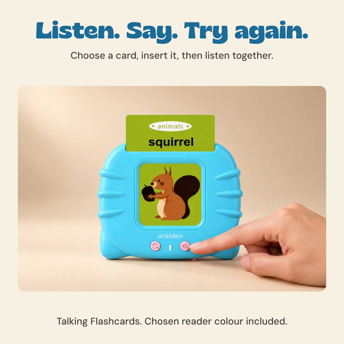 A hand presses the blue talking reader button while the original squirrel card is inserted. Blue or pink reader is included according to the chosen bundle.