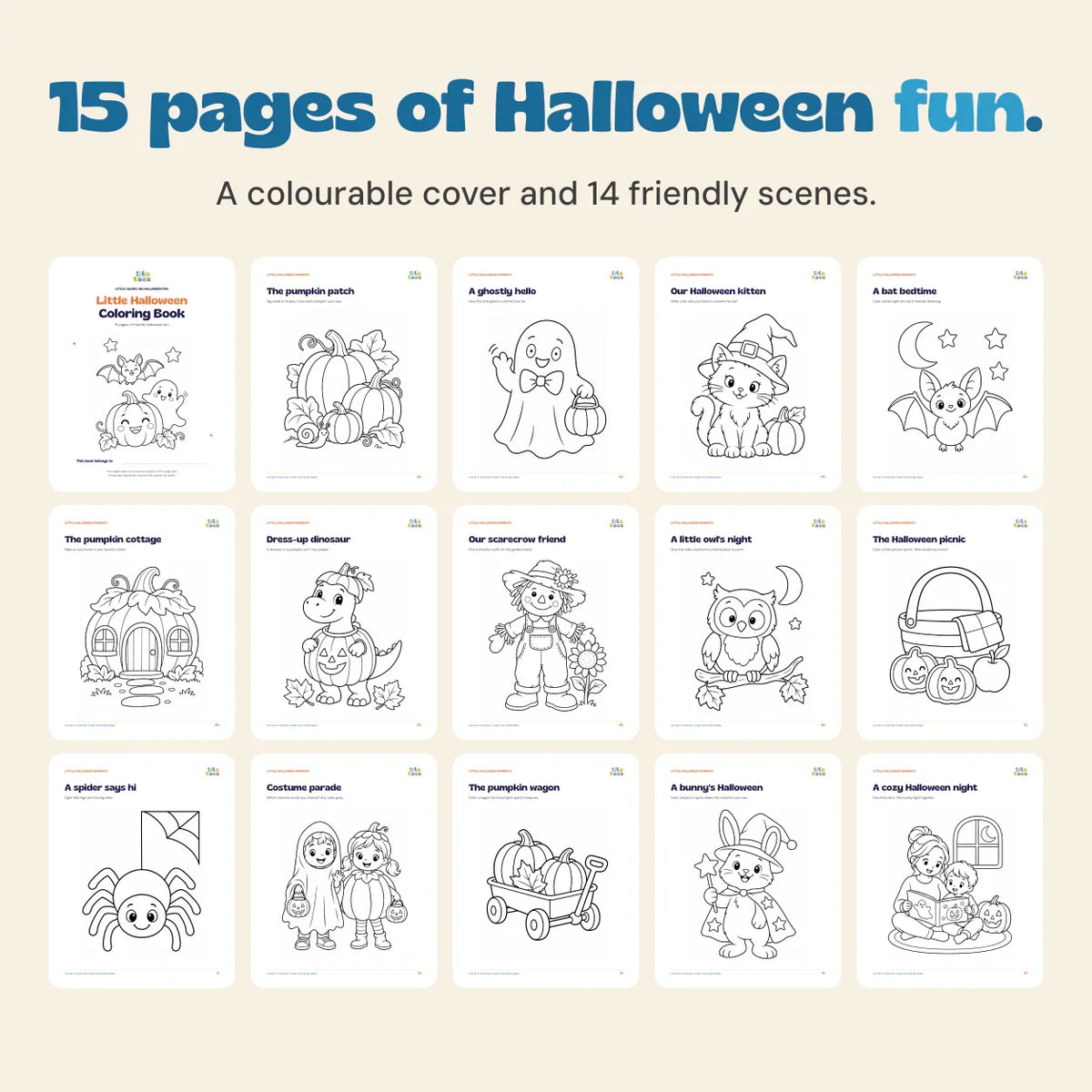 All 15 actual printable pages shown in a grid, including the colourable cover.