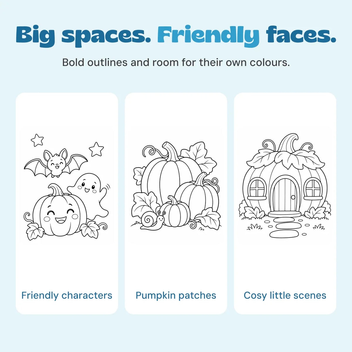 Original black-outline Halloween artwork showing friendly characters, a pumpkin patch and a pumpkin cottage.