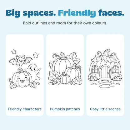 Original black-outline Halloween artwork showing friendly characters, a pumpkin patch and a pumpkin cottage.