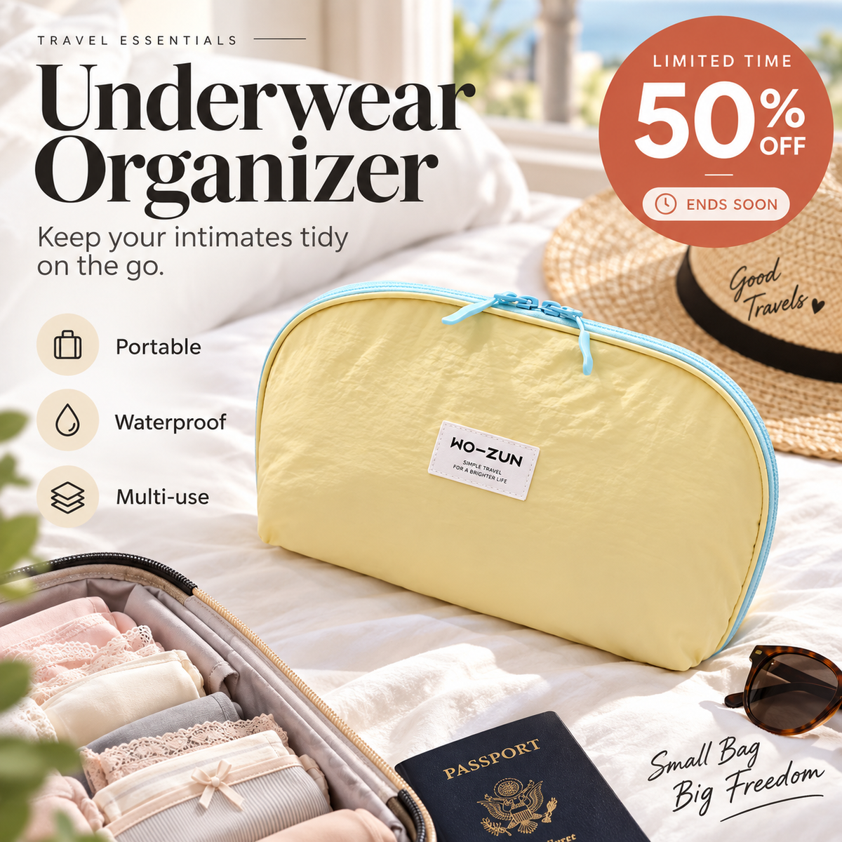🏆 Last Day Special Price 💐 Portable Underwear Travel Organizer – Separate Storage for Bras, Panties & Socks💕