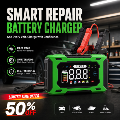 12V 6A Smart Battery Charger | Pulse Repair LCD Display for Cars Motorcycles & More