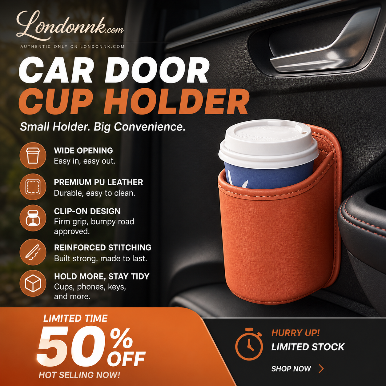 🚗🧺 50% OFF! Leather Car Door Cup Holder – Wide‑mouth opening, easy reach for drinks & phone