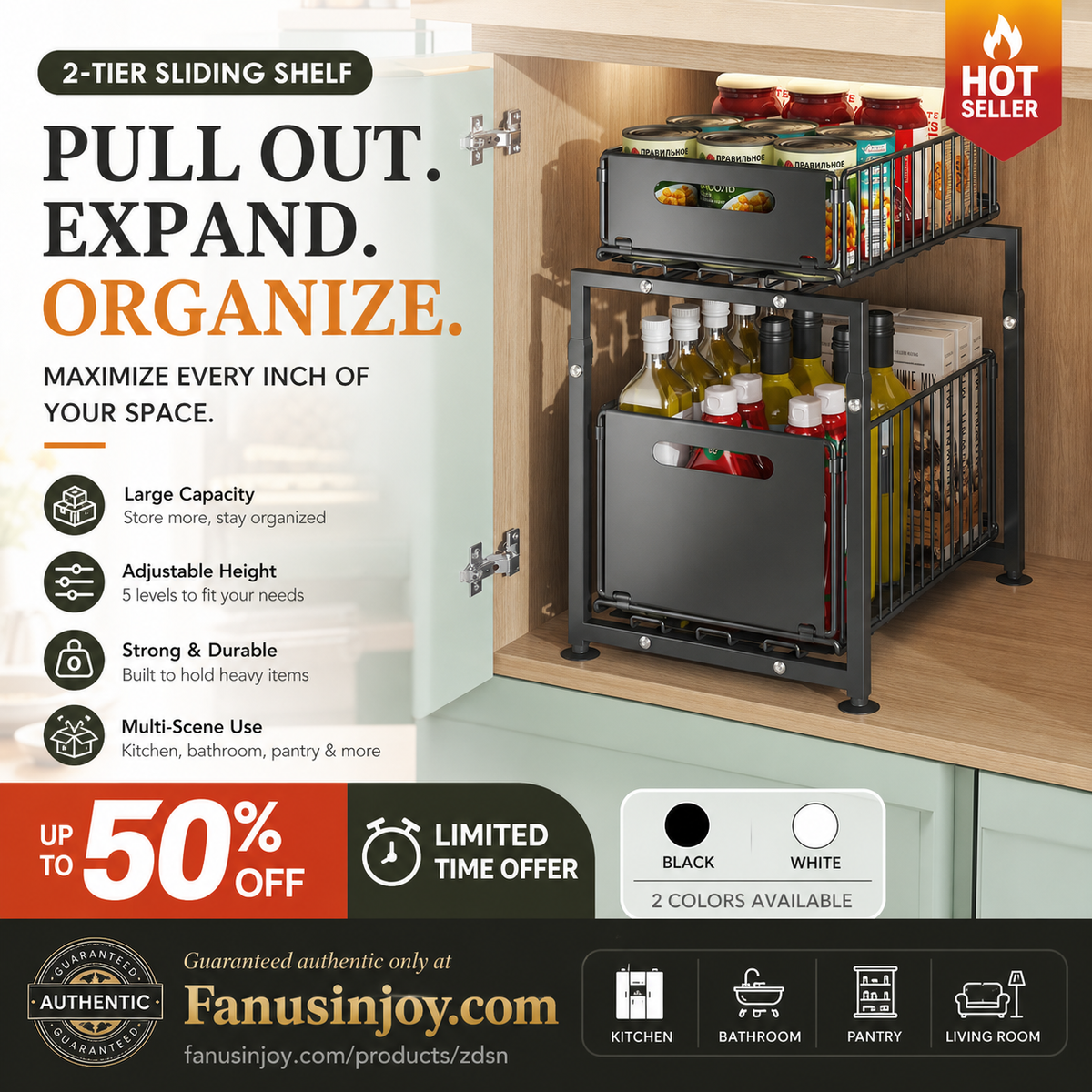 📦50% OFF NOW! 2-Tier Pull-Out Shelf – Expandable Under Sink Organizer, Double Layer Sliding Storage Rack for Kitchen Cabinet Bathroom Pantry